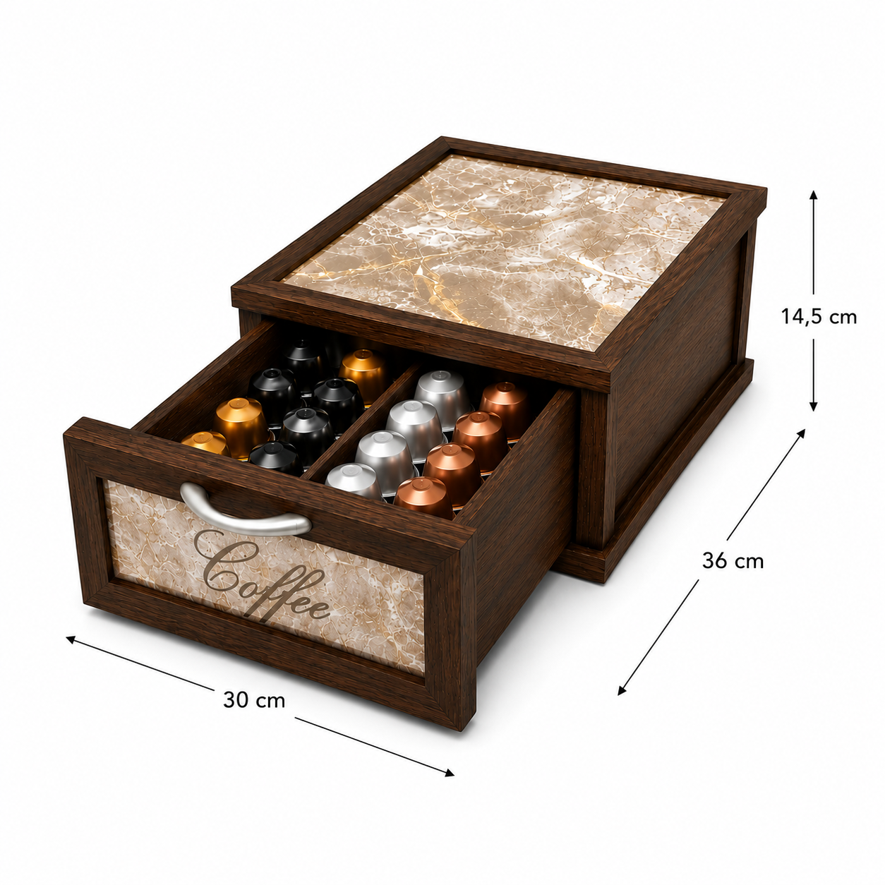 Porta Cialde e Capsule Caffè in Legno con Cassetto a 2 Scomparti con disegno marmorizzato