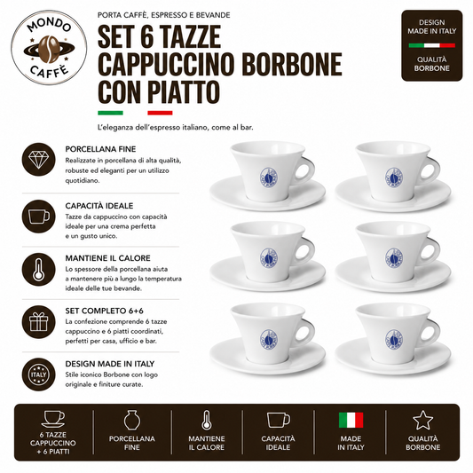 SET 6 TAZZE CAPPUCCINO BORBONE CON PIATTO