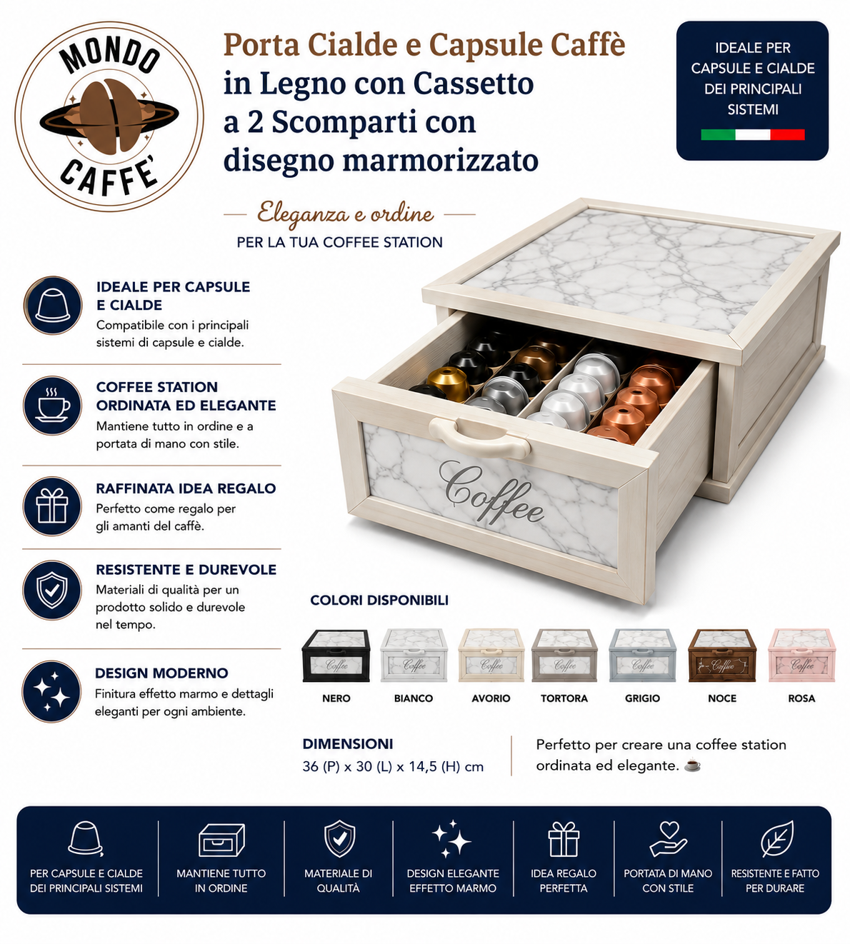 Porta Cialde e Capsule Caffè in Legno con Cassetto a 2 Scomparti con disegno marmorizzato