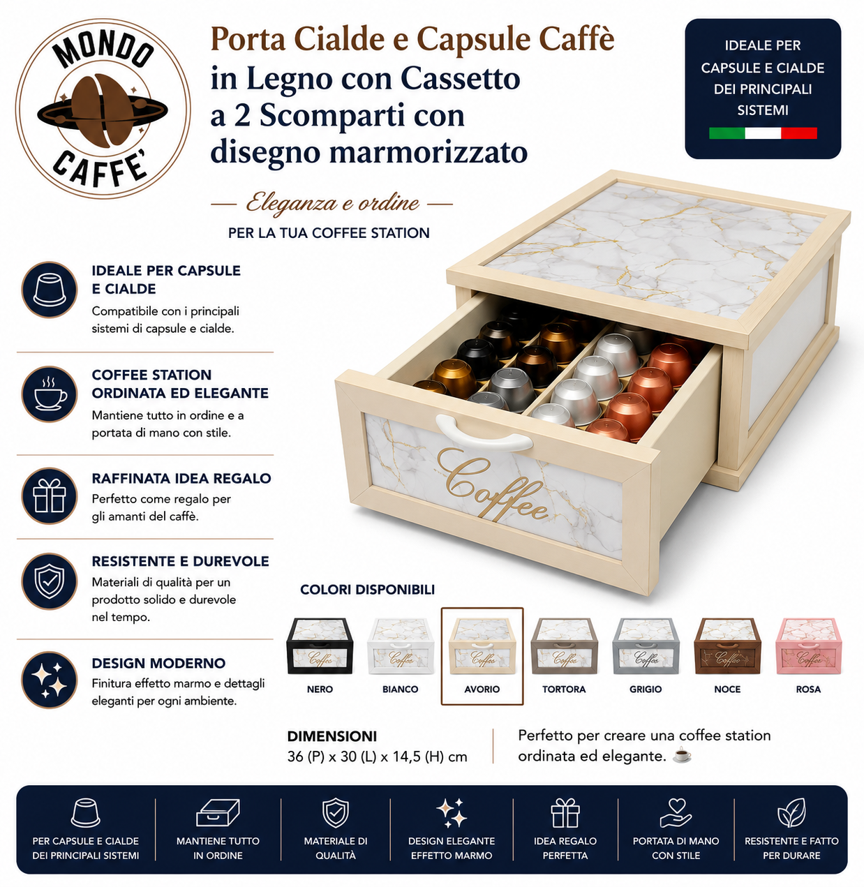 Porta Cialde e Capsule Caffè in Legno con Cassetto a 2 Scomparti con disegno marmorizzato