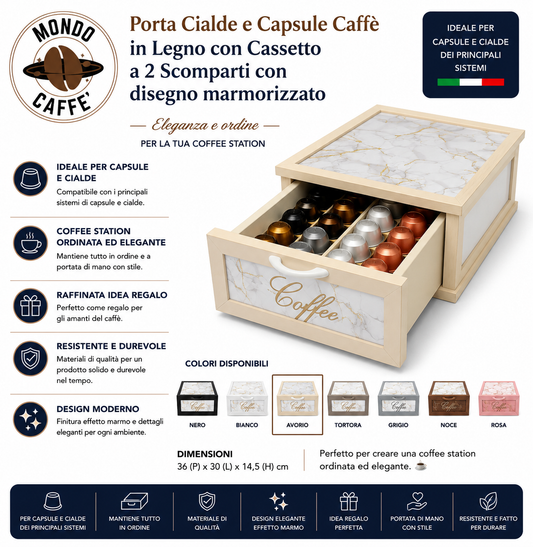 Porta Cialde e Capsule Caffè in Legno con Cassetto a 2 Scomparti con disegno marmorizzato