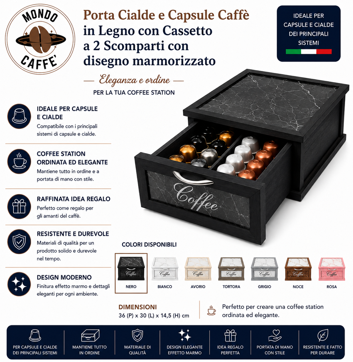 Porta Cialde e Capsule Caffè in Legno con Cassetto a 2 Scomparti con disegno marmorizzato