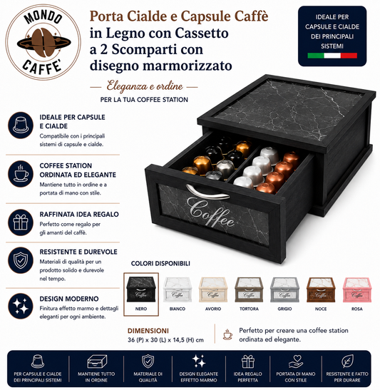 Porta Cialde e Capsule Caffè in Legno con Cassetto a 2 Scomparti con disegno marmorizzato