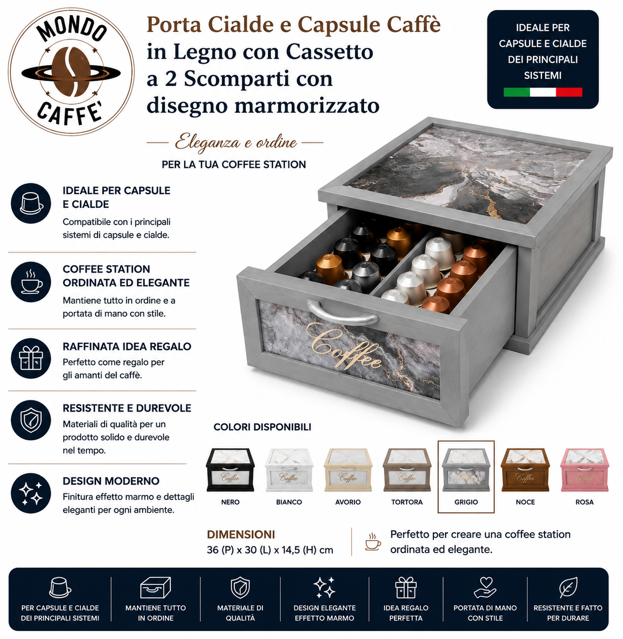 Porta Cialde e Capsule Caffè in Legno con Cassetto a 2 Scomparti con disegno marmorizzato