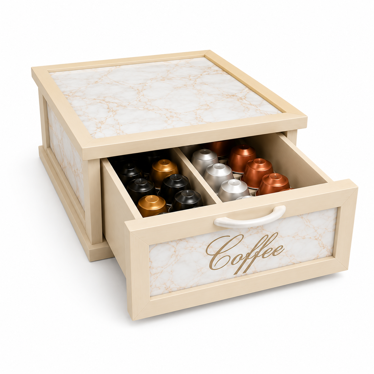 Porta Cialde e Capsule Caffè in Legno con Cassetto a 2 Scomparti con disegno marmorizzato