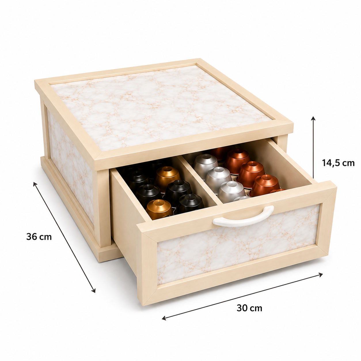 Porta Cialde e Capsule Caffè in Legno con Cassetto a 2 Scomparti con disegno marmorizzato