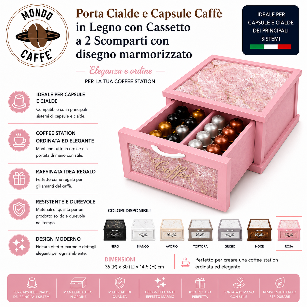 Porta Cialde e Capsule Caffè in Legno con Cassetto a 2 Scomparti con disegno marmorizzato