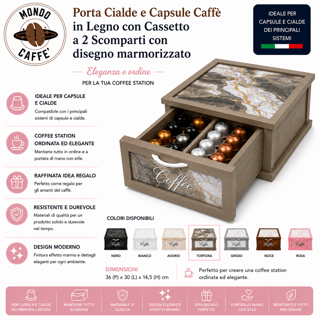 Porta Cialde e Capsule Caffè in Legno con Cassetto a 2 Scomparti con disegno marmorizzato