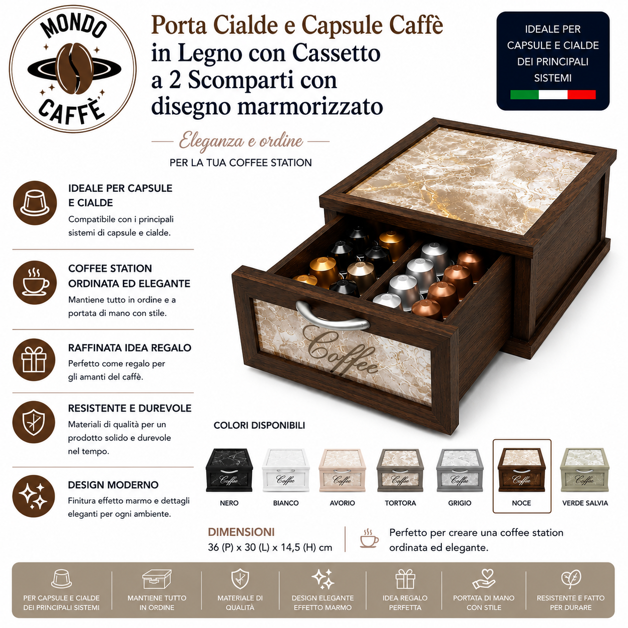Porta Cialde e Capsule Caffè in Legno con Cassetto a 2 Scomparti con disegno marmorizzato